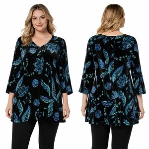 CATHERINES Velvet Tunic Top Womens Plus 3X Black Green Blue Dark Floral Fall